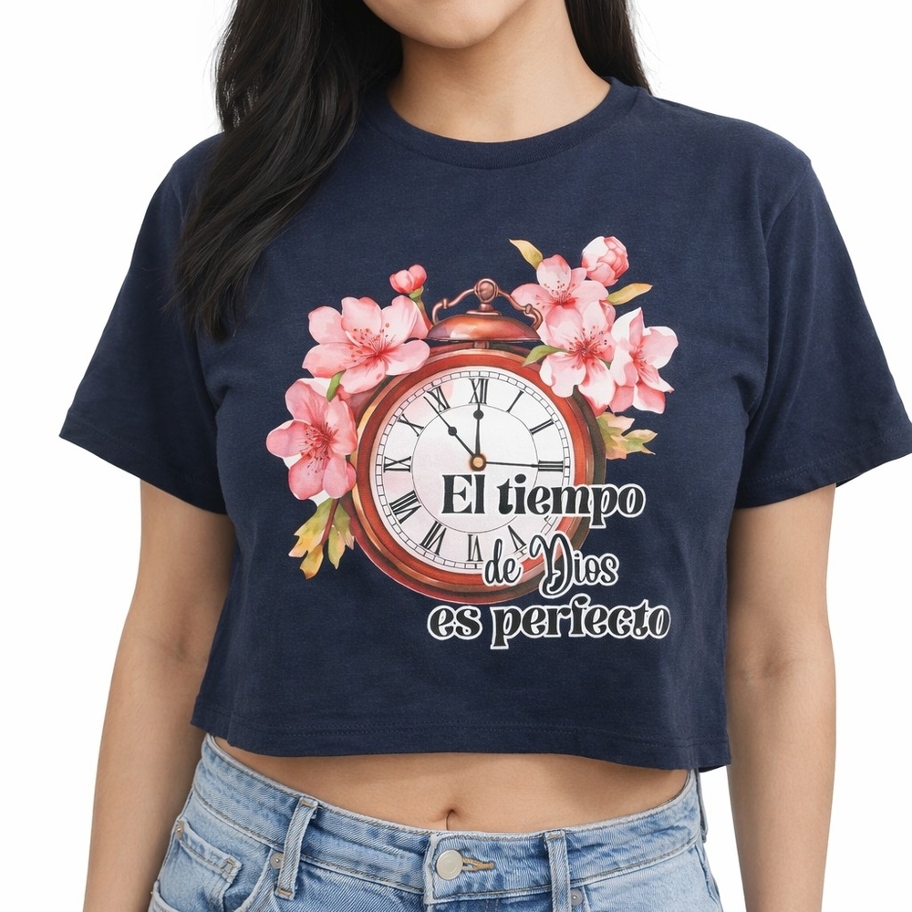 Navy Floral Clock Graphic Crop Tee